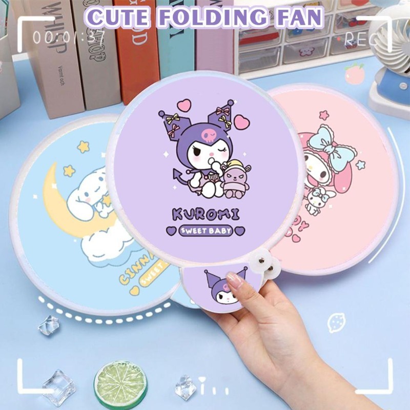 พัดมือถือ ทรงกลม ขนาดเล็ก แบบพกพา ลายการ์ตูน Sanrio Kuromi Cinnamoroll Melody น่ารัก สไตล์ญี่ปุ่น
