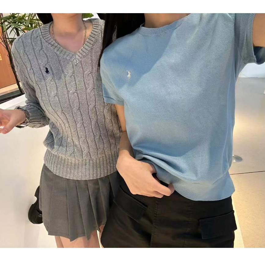 Fahien Ralph คอกลมสีทึบ pony ปักโลโก้ถักเสื้อยืดแขนสั้นเสื้อยืดผู้หญิงลําลอง