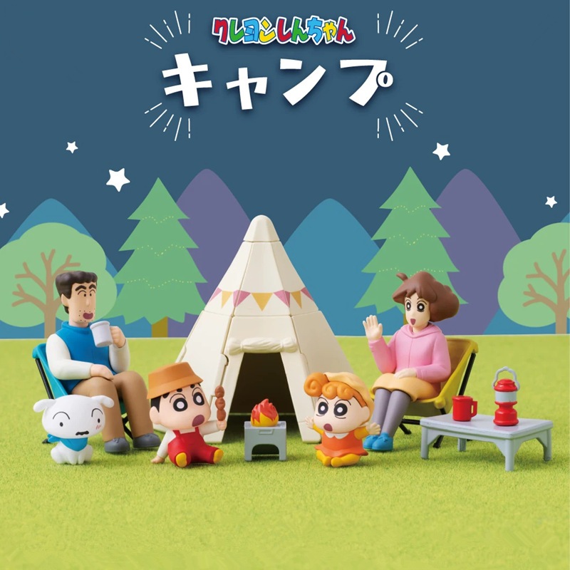 6 ชิ้น/เซ็ตอะนิเมะ Crayon Shin-chan Action Figure Nohara Shinnosuke Shiro Himawari Hiroshi Misae ครอบครัว Camp เต็นท์ PVC ตัวเลขการกระทําตุ๊กตาของเล่น
