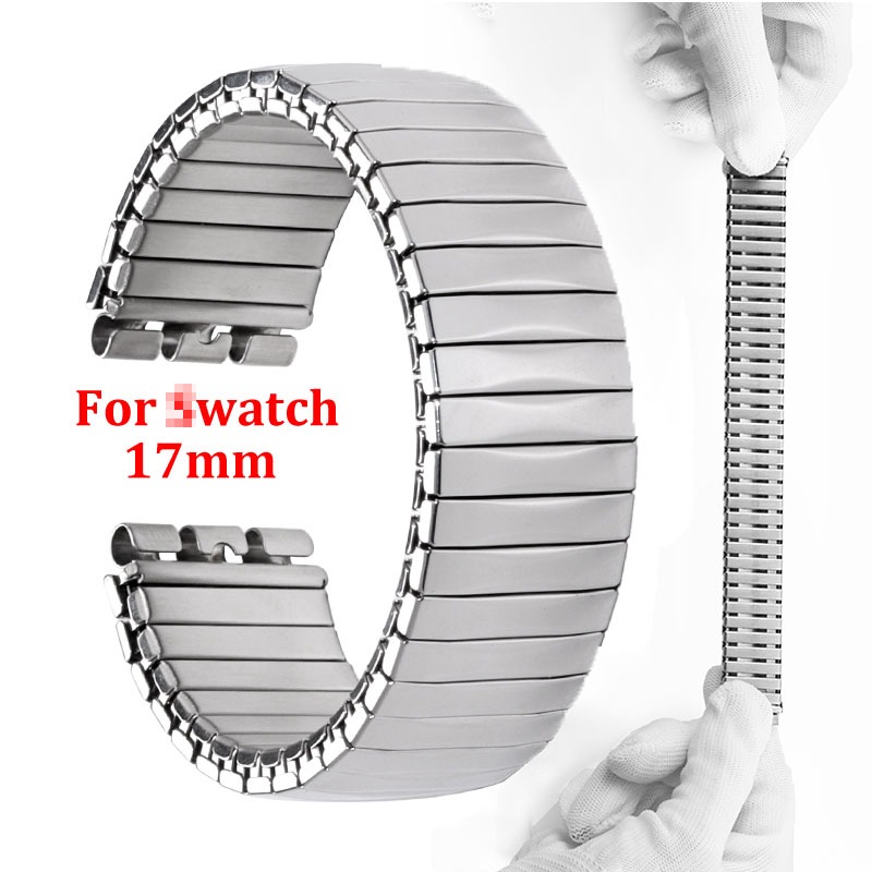 สายนาฬิกาข้อมือ สเตนเลส 17 มม. สําหรับ Swatch สร้อยข้อมือ ยางยืด ขยาย ขัดเงา โลหะ ผู้หญิง ผู้ชาย เปลี่ยนได้ สายรัดข้อมือ