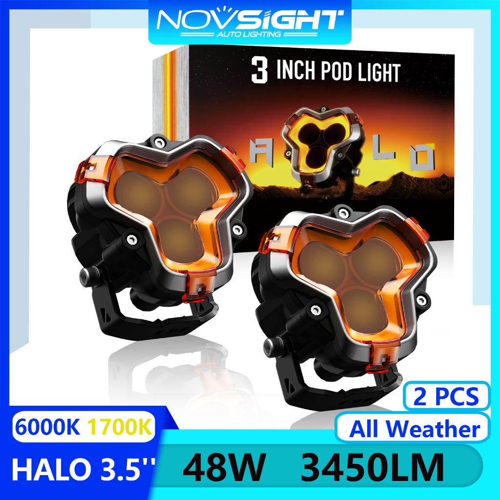 Novsight All Weather HALO Series 3.5 นิ้ว LED Pods ไฟฉุกเฉินสำหรับมอเตอร์ไซค์ Off-road ไฟโปรเจคเตอร์และไฟฟ้าไฟโปรเจคเตอร์ Spot&amp;Flood Light 48W 3450LM 6000K / 1700K สุดสว่าง 2 ชิ้น