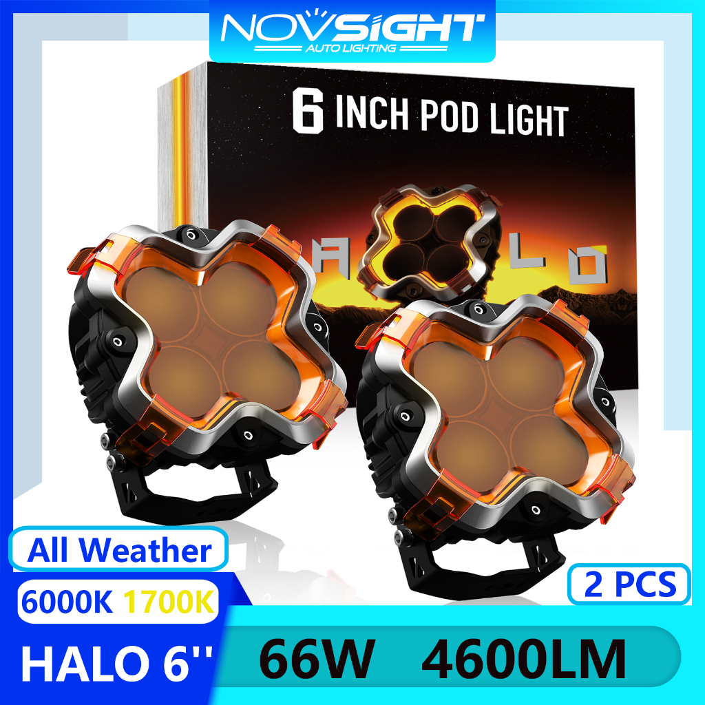 Novsight All Weather HALO Series 6 นิ้ว LED Pods พร้อมไฟกลางวัน DRL ไฟฉุกเฉินสำหรับมอเตอร์ไซค์ใน Off-road ไฟโปรเจคเตอร์และไฟฟ้า Spot&amp;Flood Light 66W 4600LM 6000K / 1700K สุดสว่าง 2 ชิ้น จัดส่งฟรี