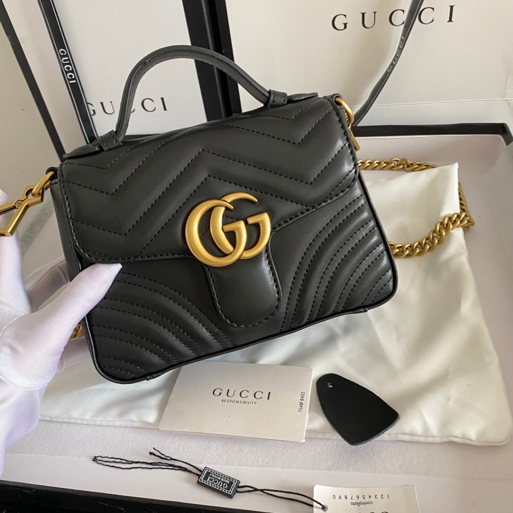 (พร้อมเคส) Gucci ของแท้ 100% กระเป๋าสะพายข้าง สายโซ่ GG Marmont สําหรับผู้หญิง