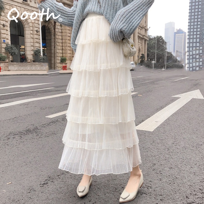 กระโปรงยาว ทรงเอ เอวยางยืด จีบรอบ สีพื้น แฟชั่นฤดูใบไม้ผลิ ฤดูร้อน สําหรับผู้หญิง QT2327