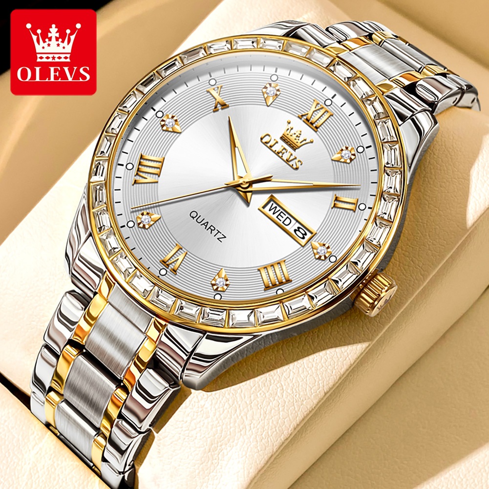 OLEVS นาฬิกาผู้ชายแท้ อัตโนมัติ กันน้ำ100% แบรนด์ดัง สไตล์หรูหรา ควอตซ์ สแตนเลสสตีลปฏิทินคู่ส่องสว่างหรูหราแฟชั่น 9906