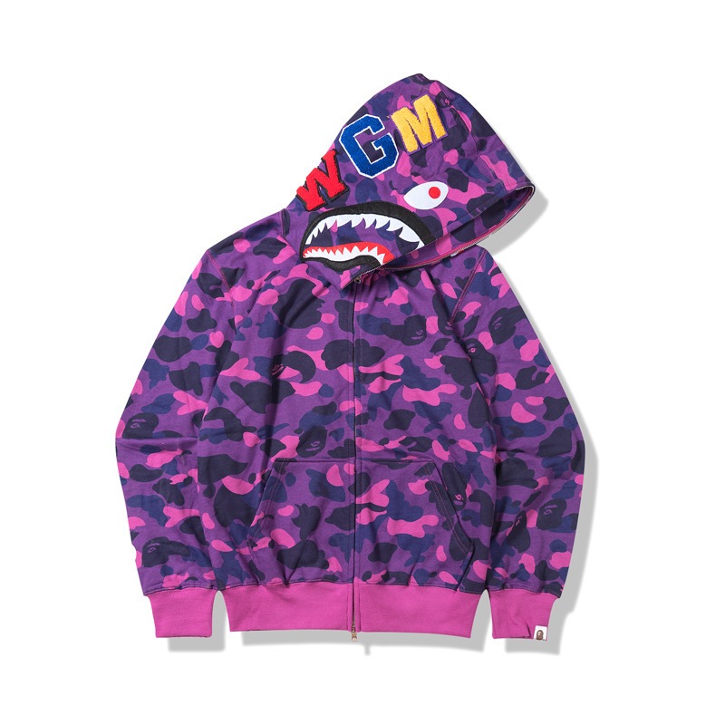 เสื้อกันหนาว มีฮู้ด แต่งซิป ลายพราง Bape Shark