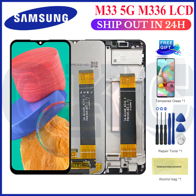 LCD สําหรับ Samsung Galaxy M33 5G M336B M336 LCD กรอบจอแสดงผล Touch Screen Digitizer ชุดประกอบ LCD เ