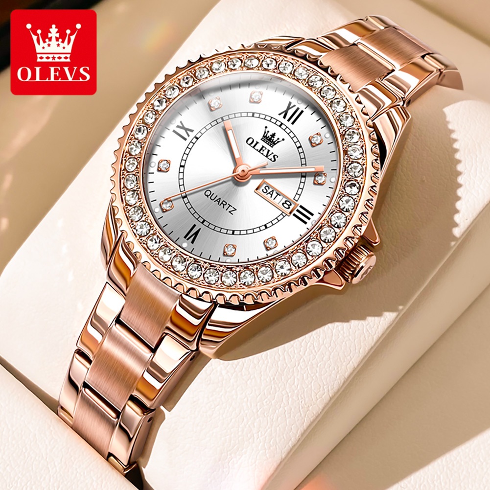 OLEVS นาฬิกาข้อมือผู้หญิง กันน้ํา 100% สายสแตนเลส เพชร หน้าปัดโรมัน เข้ากับทุกการแต่งกาย ของขวัญวันเกิดผู้หญิง แฟชั่น นาฬิกาหญิง 9993