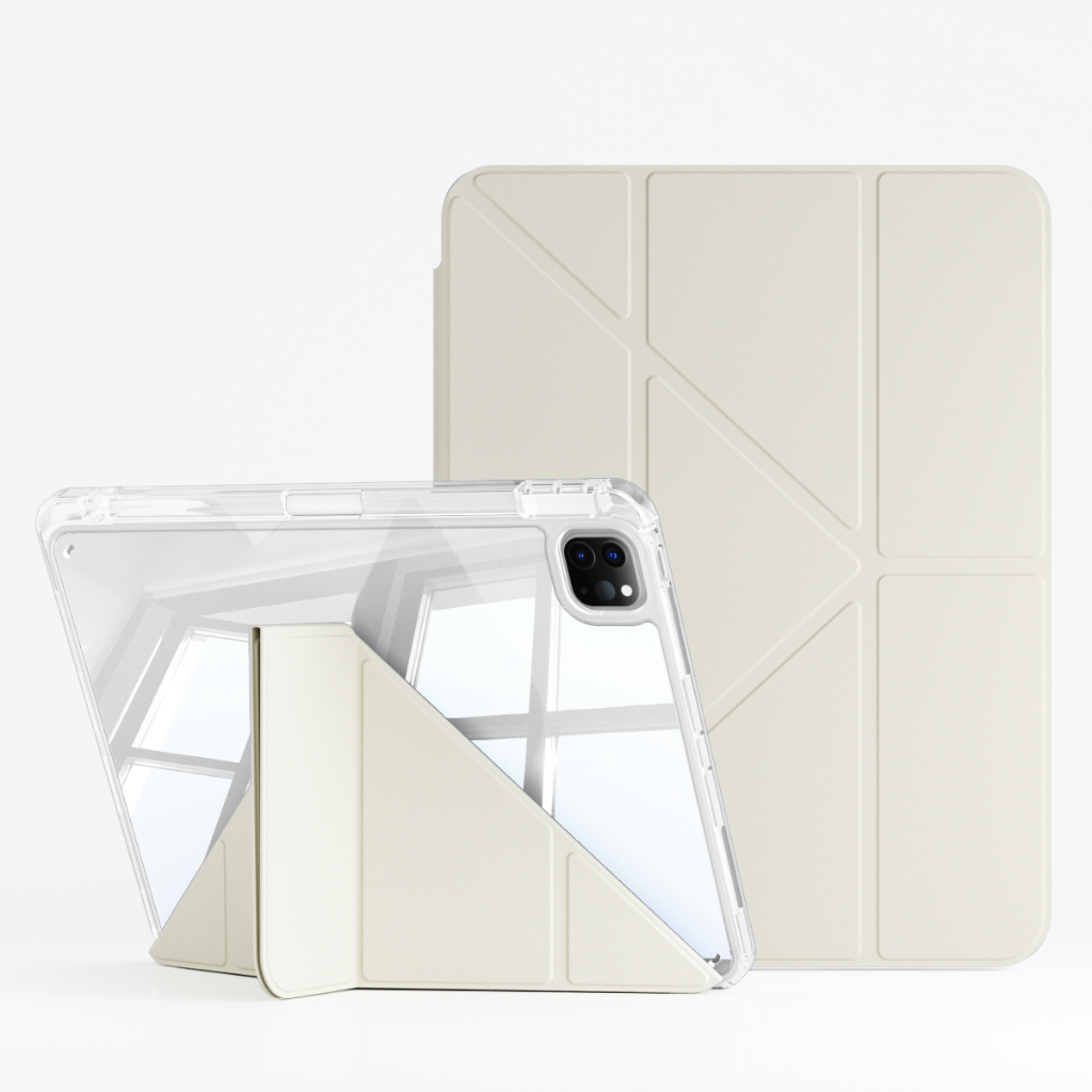 KENKE เคส iPad เคสใสพร้อมช่องใส่ดินสอด้านขวาสำหรับ iPad Pro 11 นิ้ว Pro 2nd 3rd 4th Gen (2020/2021/2022) iPad Air 4 Air 5 เคสไอแพด air5 เคสไอแพด gen10 Mini 6 เคสไอแพด gen9 gen8 gen7 iPad Pro 12 9 case นิ้วกรณี Y ฝาพับอะครีลิคชนิดแข็ง-ครีม ขาว