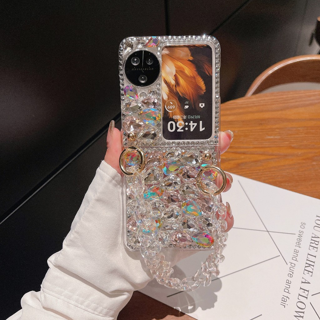 OPPO ค้นหา N3 Flip Bling คริสตัลเลเซอร์สร้อยข้อมือสําหรับ OPPO ค้นหา N2 Flip findn2 Flip Find N2 Flip Glitter เพชร Rhinestone ไข่มุกดอกไม้ข้อมือฝาครอบใส