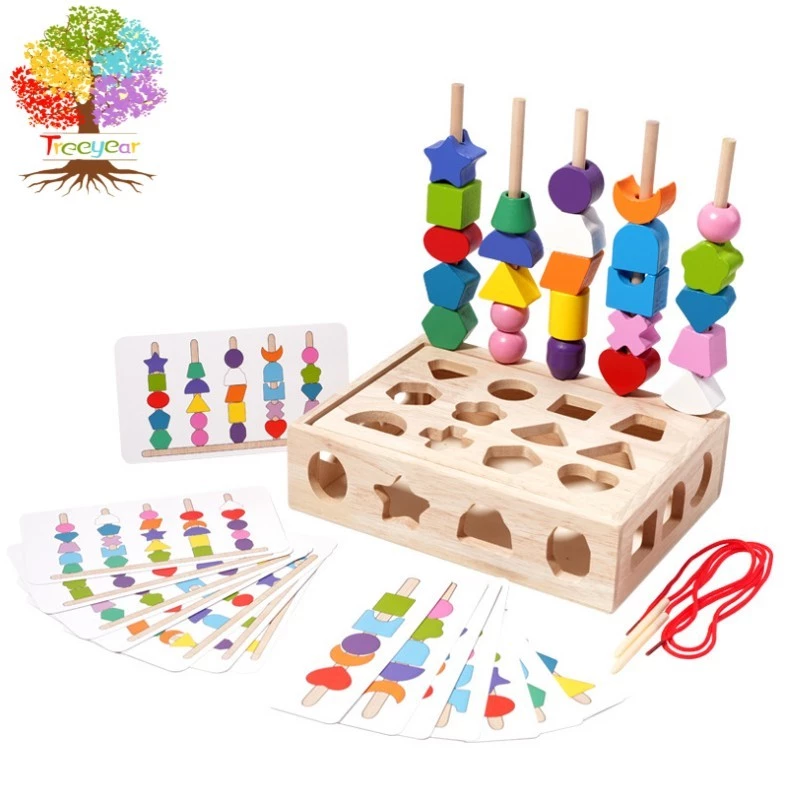 Treeyear Montessori ลูกปัดการศึกษาของเด็กห้าชุดของคอลัมน์สีความรู้สึกสว่างรูปร่างเด็กเด็กที่ตรงกับความรู้การศึกษาในช่วงต้นบล็อกไม้