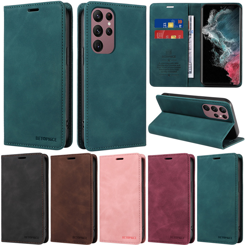 เคสโทรศัพท์มือถือหนัง PU นิ่ม ฝาพับแม่เหล็ก พร้อมช่องใส่บัตร ตั้งได้ สไตล์เรโทร สําหรับ Samsung Galaxy S22 Plus S21 Plus S20 Plus S10 Plus S9 Plus S8 Plus S22+ S21+ S20+ S10+ S9+