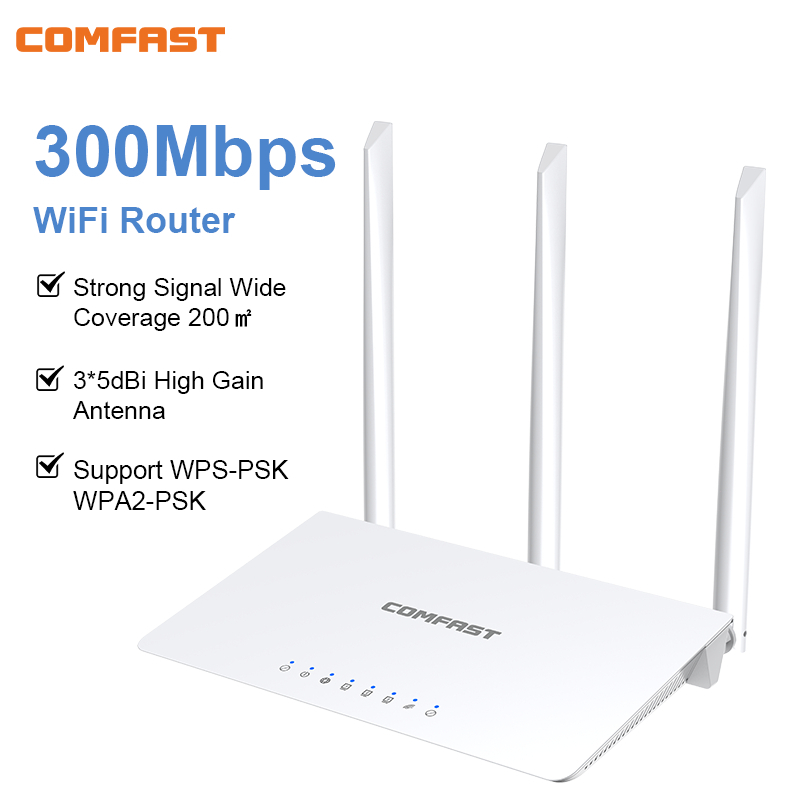 Comfast เราน์เตอร์ WiFi ไร้สาย 300Mbps 1WAN+3 LAN RJ45 3 * 3dbi เสาอากาศกว้างครอบคลุมบ้าน 2.4G ผ่านผนังบรอดแบนด์สหรัฐอเมริกาปลั๊ก CF-WR613NV1
