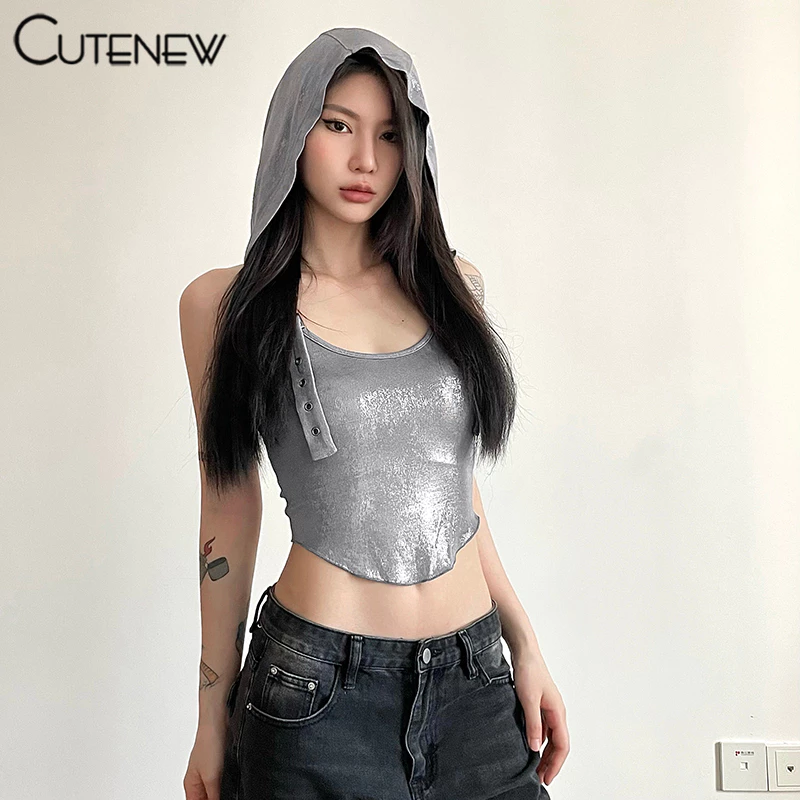 Cutenew เสื้อครอปท็อป แขนกุด มีฮู้ด สีเมทัลลิก สีเงิน เปิดหลัง สไตล์สตรีท เหมาะกับฤดูร้อน สําหรับผู้หญิง 2024 Y2K