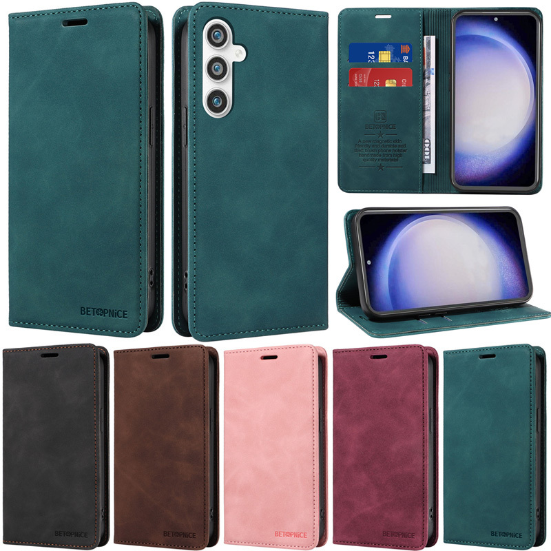 เคสโทรศัพท์มือถือหนัง PU นิ่ม ฝาพับแม่เหล็ก พร้อมช่องใส่บัตร ตั้งได้ สไตล์เรโทร สําหรับ Samsung Galaxy A55 A35 A25 A15 A05S A22 A32 A51 A71 S23 FE S24 Plus S23 Plus S24+