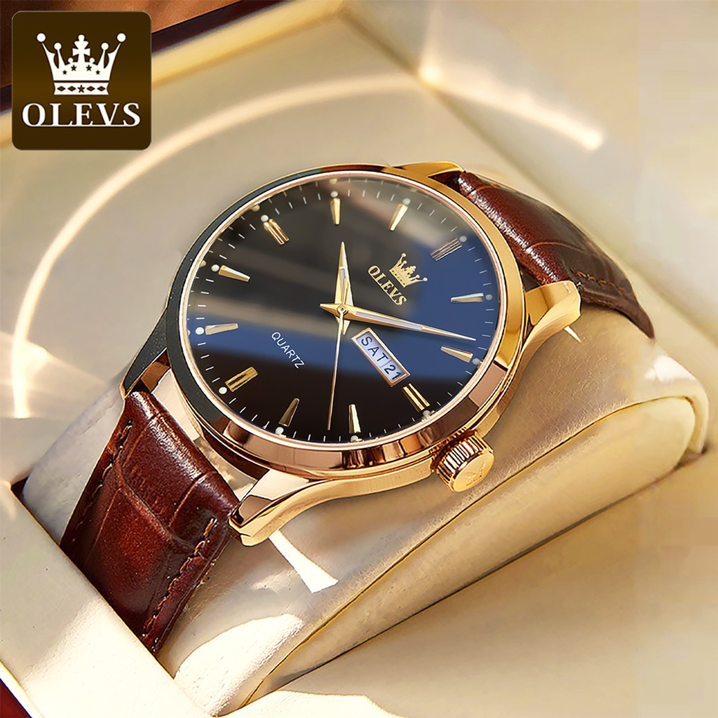 OLEVS นาฬิกา ผู้ชาย แฟชั่น watch 100% แท้ นาฬิกาข้อมือกันน้ำได้ ควอตซ์ หนัง แนวโน้ม สีดำ เพชร แสงสว่าง นาฬิกาคู่ 6898-H