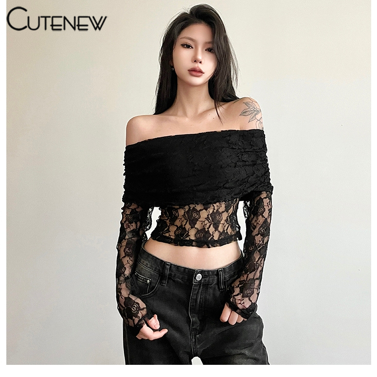 Cutenew เสื้อครอปท็อปแขนยาว เปิดไหล่ แต่งลูกไม้ สไตล์เกาหลี สําหรับผู้หญิง 2024
