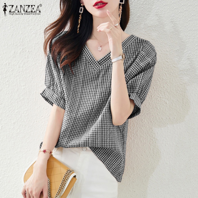 Zanzea เสื้อเบลาส์ คอวี แขนสั้น พิมพ์ลายดอกไม้ สไตล์เกาหลี สําหรับผู้หญิง