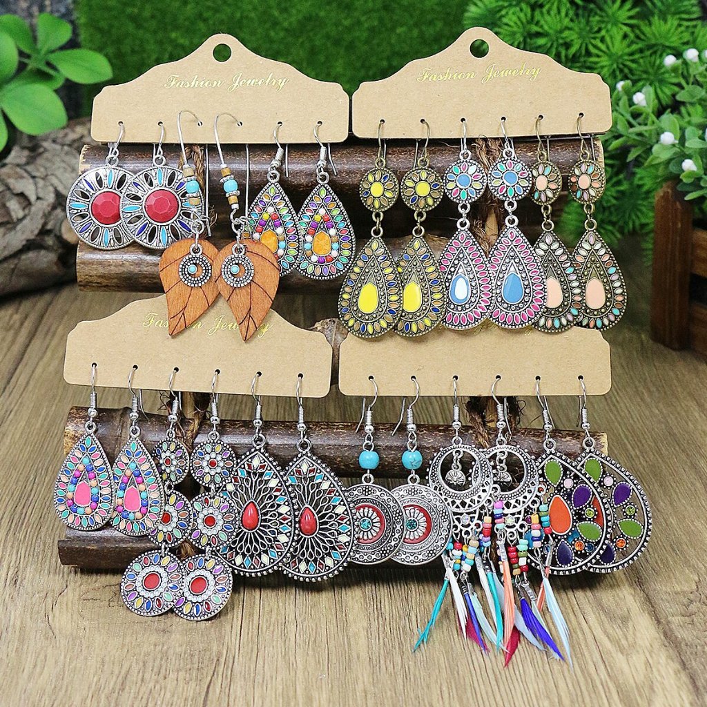 Boho ต่างหู ทรงกลม ลายดอกไม้ เรขาคณิต หลากสี เครื่องประดับแฟชั่น สําหรับผู้หญิง 2024