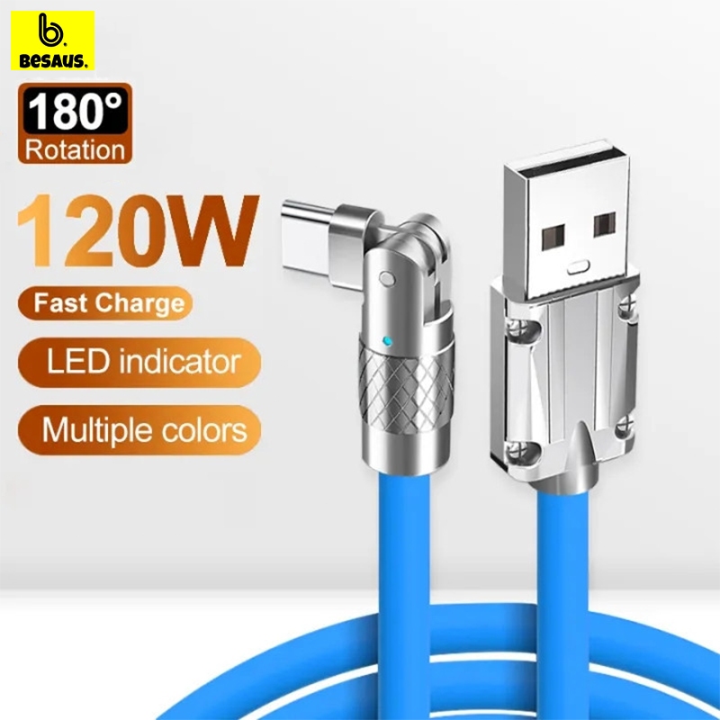 Besaus. 120W 6A Micro/Type-C/iosสายชาร์จเร็ว สายชาร์จหมุน 180 องศาสายชาร์จ รับประกัน 1 ปี