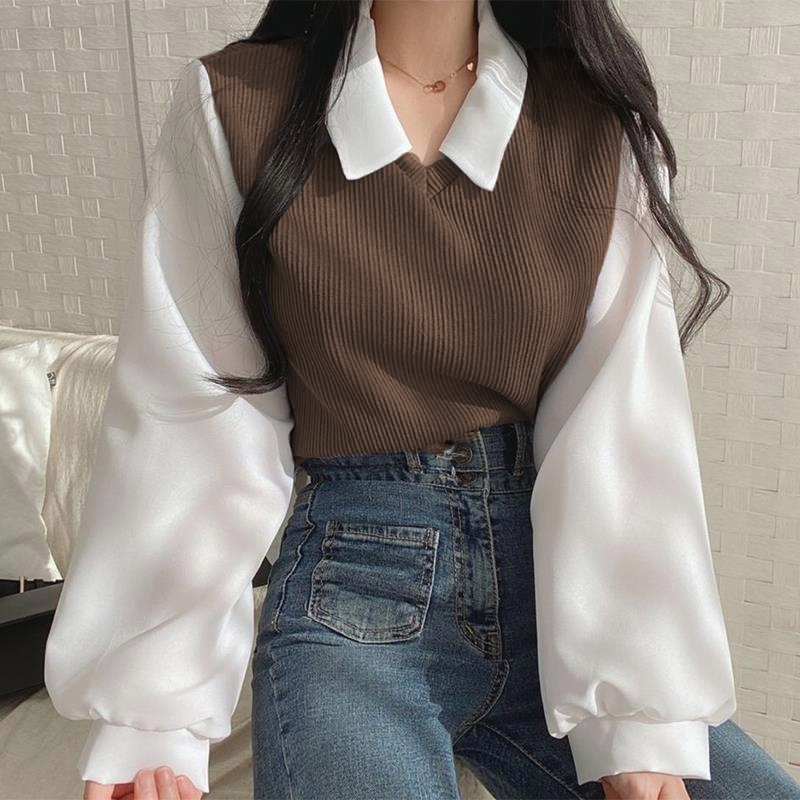 เสื้อยืดโปโล แขนยาว แบบปลอม สองชิ้น สําหรับผู้หญิง