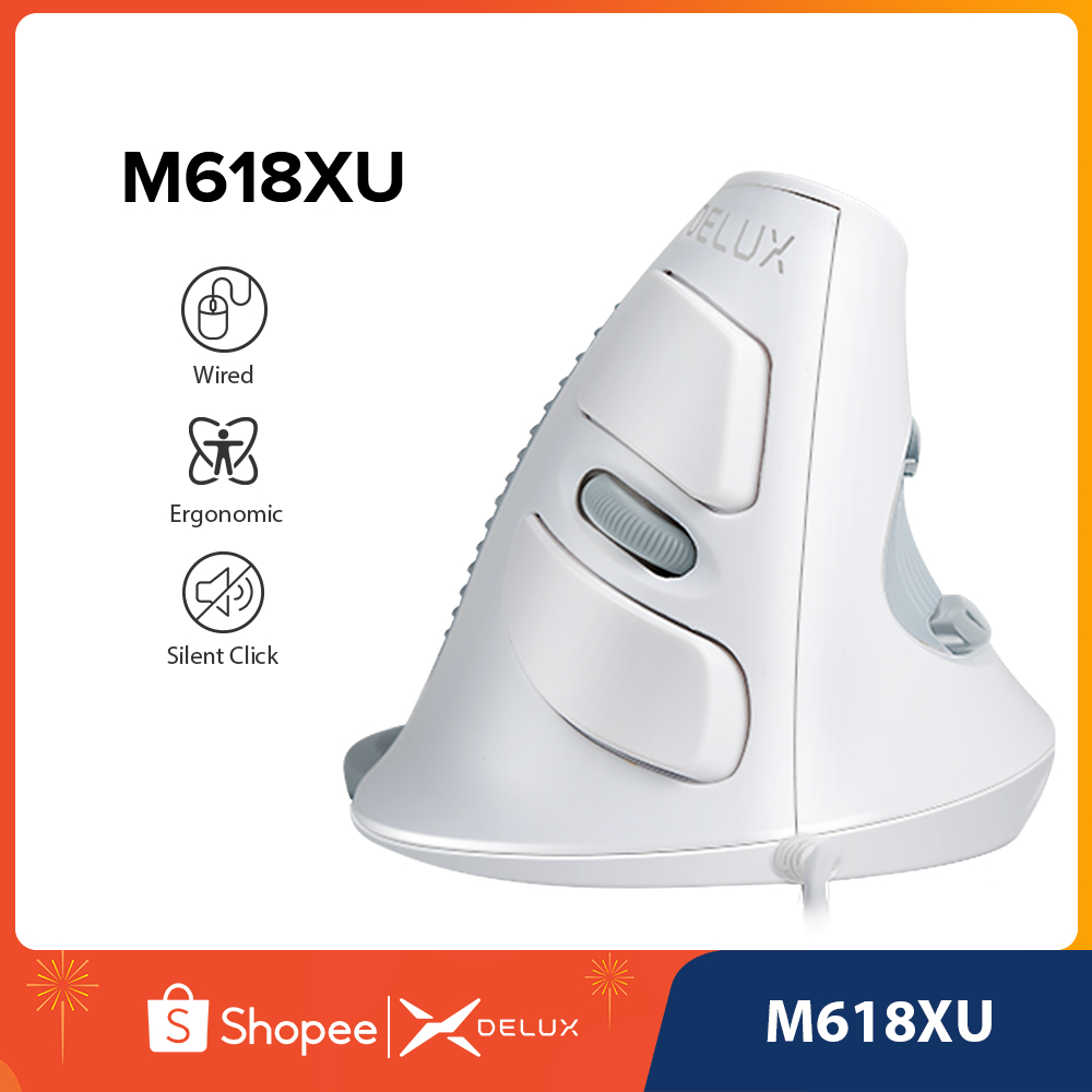 DELUX M618XU สายสีขาวแนวตั้ง, เมาส์การทํางาน 6 ตัว, USB O ptical, ขวามือ, หนูที่ถอดออกได้พร้อมฝ่ามือ, ปาล์มเหลือสําหรับคอมพิวเตอร์แล็ปท็อป
