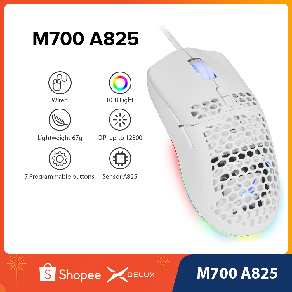 Delux M700 A825 เมาส์เกมมิ่ง RGB น้ําหนักเบา 67g 7200DPI 1000Hz พร้อมสายเคเบิ้ล สําหรับคอมพิวเตอร์