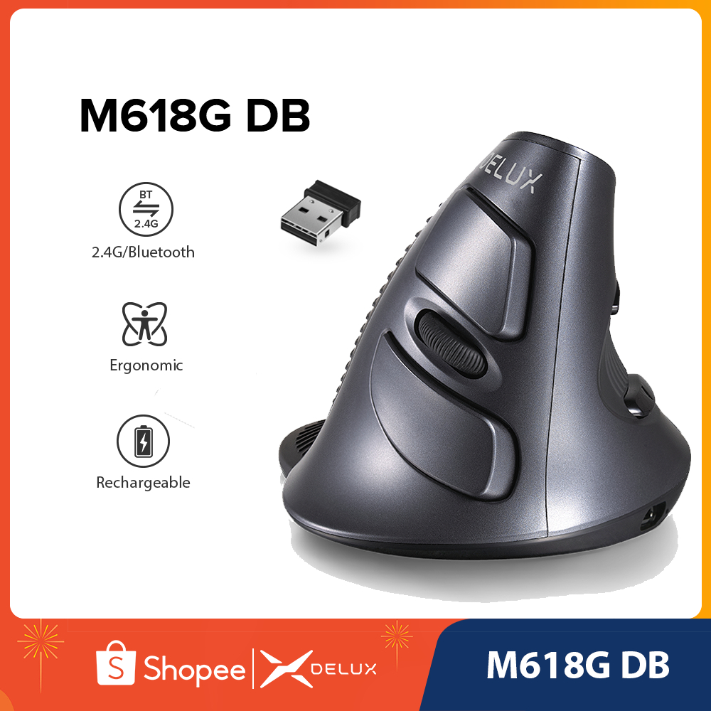 Delux M618G DB เมาส์ออปติคอลไร้สาย บลูทูธ แนวตั้ง 1600 DPI พร้อมที่วางฝ่ามือ ถอดออกได้