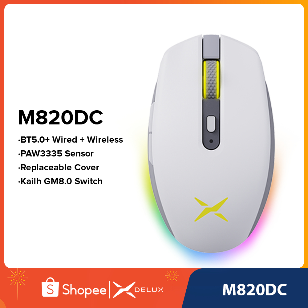 Delux M820DC เมาส์เกมมิ่งไร้สาย และเมาส์เกมมิ่งมีสาย RGB แบบชาร์จไฟ PMW3335 DPI 32000 สําหรับ Window