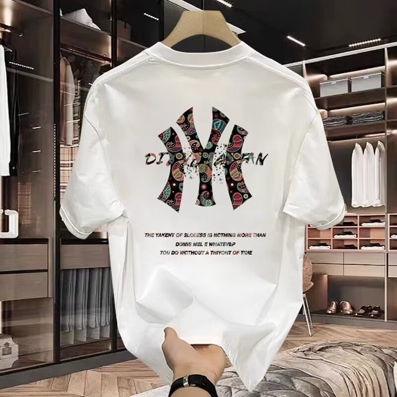 เสื้อยืดคอกลมครึ่งแขนสไตล์เยาวชนอินเทรนด์แสงหรูหราหล่อผ้าฝ้ายแท้ครึ่ง @-