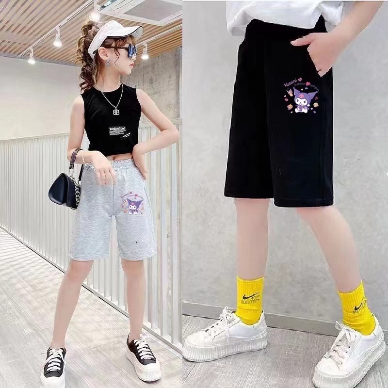 กางเกงกีฬาขาสั้นลําลอง ทรงหลวม ลาย Kawaii Sanrio Kuromi My Melody Cinnamoroll แฟชั่นสําหรับเด็กผู้หญิง