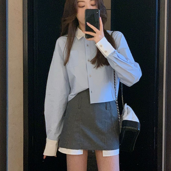 เสื้อเชิ้ตแขนสั้นเย็บปะติดปะต่อกันสไตล์เกาหลีเสื้อเชิ้ตแขนยาว