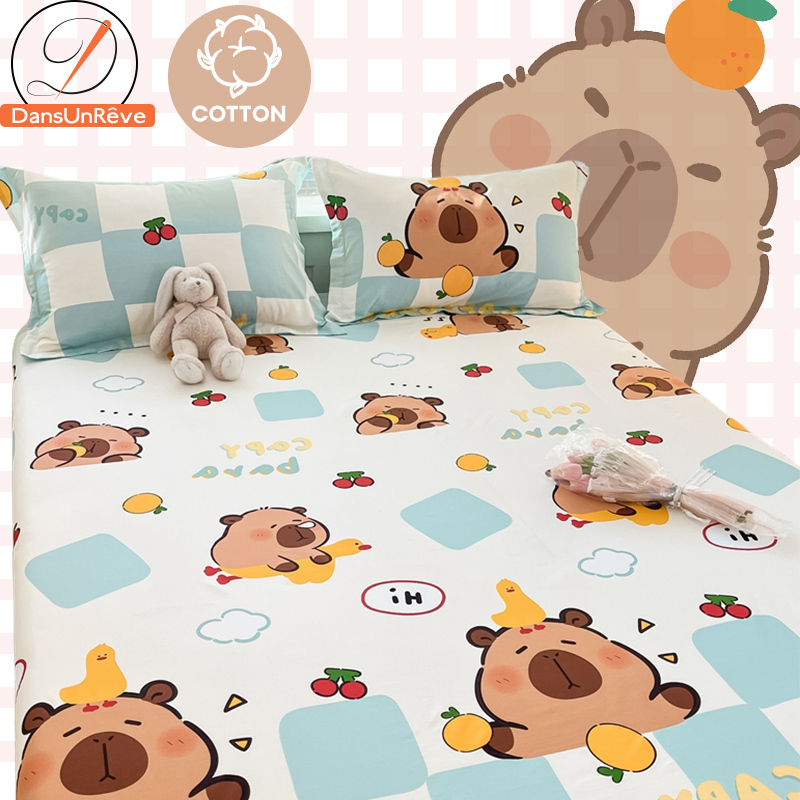 ผ้าปูที่นอน รัดมุม 3.5 ฟุต 100% cotton ผ้าฝ้าย ลายการ์ตูนหมี กระต่ายน่ารัก คาปิบาลา ดอกไม้ 800TC ผ้าปูที่นอน6ฟุต สูง 10 นิ้ว รัดมุม Kapibala