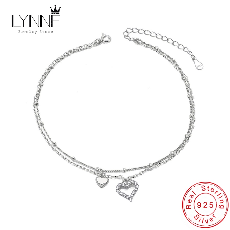 Lynne สร้อยข้อเท้า เงินแท้ 925 จี้รูปหัวใจ ประดับเพทาย พลอยเทียม สองชั้น เซ็กซี่ เครื่องประดับแฟชั่น สําหรับผู้หญิง เหมาะกับฤดูร้อน