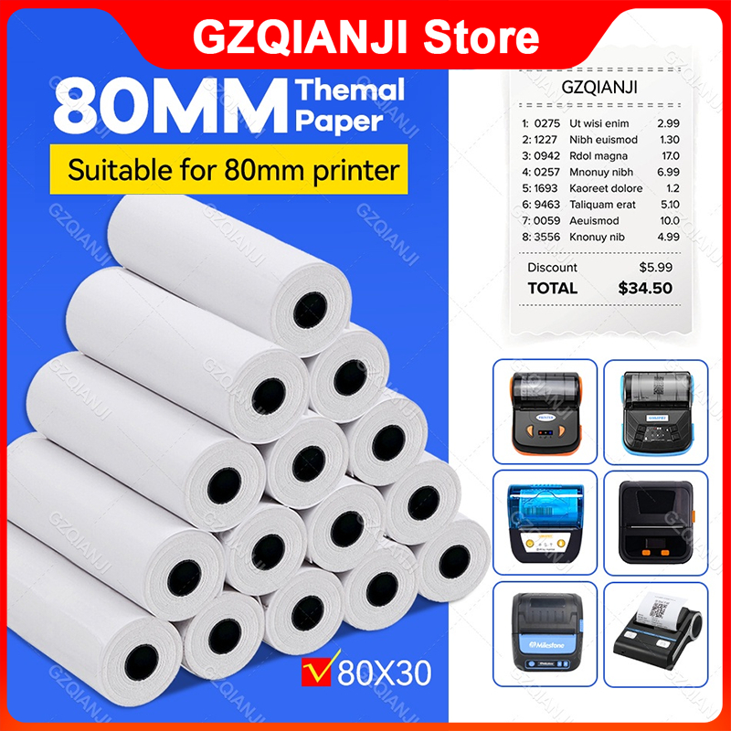 ม้วนกระดาษใบเสร็จรับเงิน บลูทูธ ไร้ BPA 80 มม. สําหรับเครื่องพิมพ์บิล POS USB ขนาดเล็ก 80x30 มม. 5 10 20 ม้วน