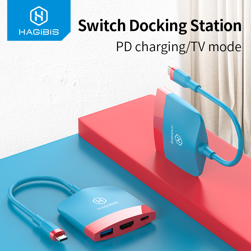 Hagibis สวิทช์ Dock TV Dock สําหรับ Nintendo Switch แบบพกพา Docking Station USB C ถึง 4K HDMI เข้ากันได้กับ USB 3.0 Hub สําหรับ iPhone 16/15 Pro Macbook Pro