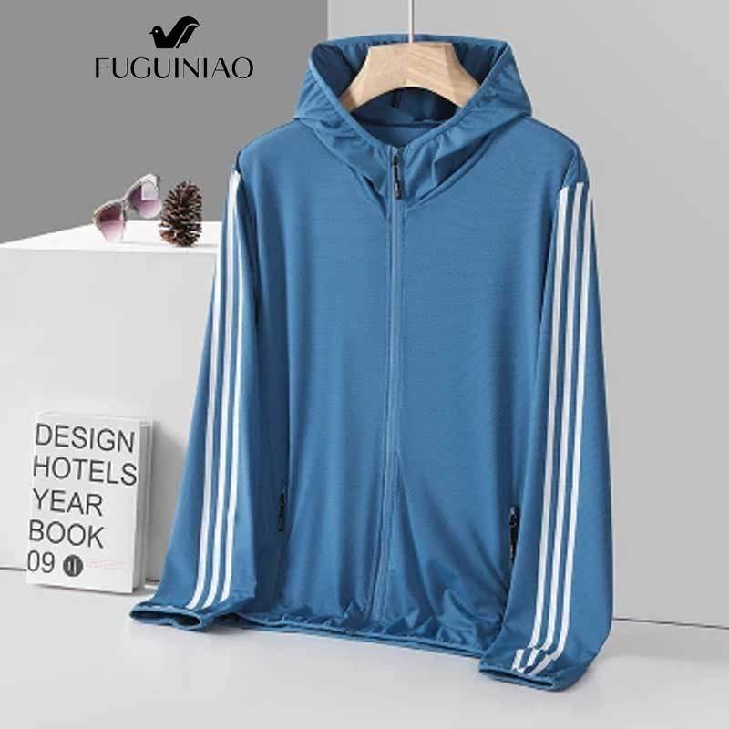 Fuguiniao 2024 เสื้อคลุมกันแดด แบบบาง ระบายอากาศ สามแถบ 4XL