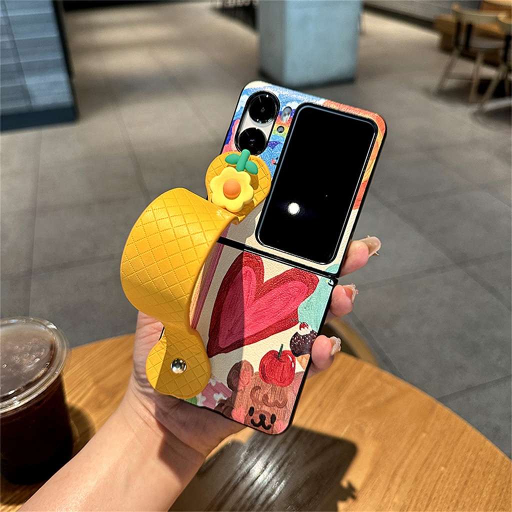 เคสโทรศัพท์มือถือ ฝาพับ กันกระแทก ปิดด้านหลัง ลายดอกไม้ หัวใจน่ารัก 3D พร้อมสายคล้องมือ สําหรับ OPPO Find N2 Flip findn2 Flip Find N2 – โปรปัง