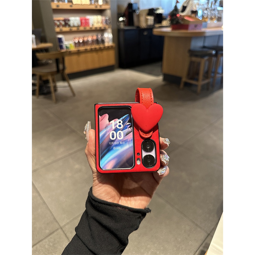 เคสโทรศัพท์มือถือ ฝาพับ กันกระแทก ปิดด้านหลัง ลายหัวใจน่ารัก 3D พร้อมสายคล้องมือ สีแดง สําหรับ OPPO Find N2 findn2 Flip Find N2