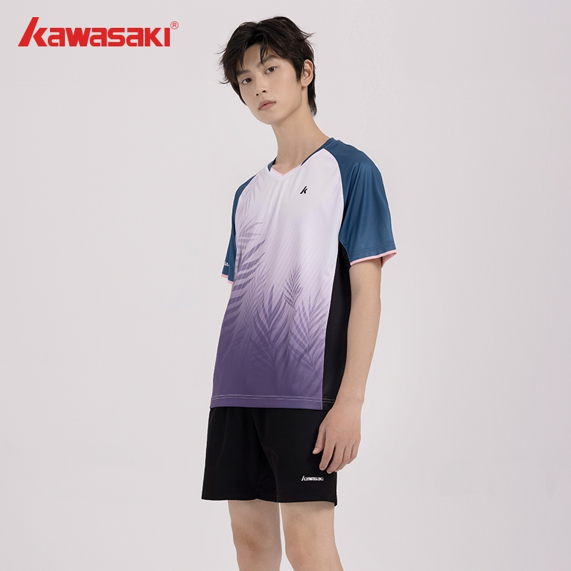 Kawasaki เสื้อยืดลําลอง แขนสั้น คอวี ระบายอากาศ แห้งเร็ว สําหรับผู้ชาย และผู้หญิง เหมาะกับการเล่นกีฬาแบดมินตัน K1C02-B2964&K1C02-B1964