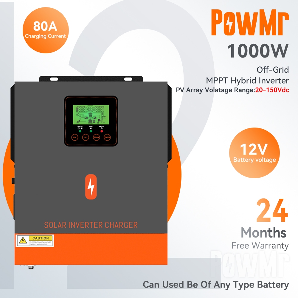 【จัดส่งในพื้นที่】PowMr 1KW 12V ตัวควบคุมการเก็บประจุพลังงานแสงอาทิตย์ อินเวอร์เตอร์สตาร์ทแรงดันไฟฟ้า 230Vac PV 20Voc ในตัว 80A MPPT 50 60Hz