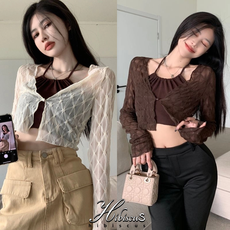 Hibiscus เสื้อคลุมไหมพรม แขนยาวผู้หญิง เสื้อคาร์ดิแกน ใส่คลุมไปทะเล คอวี ป้องกันแสงแดด