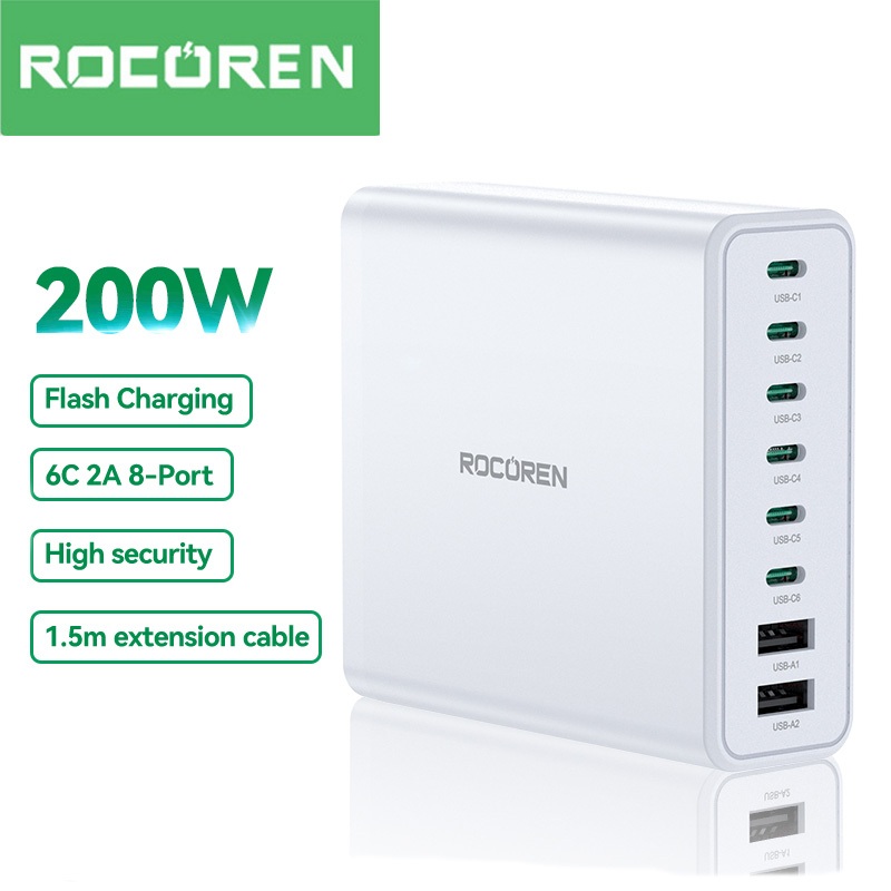Rocoren ชิป GaN 200W 6C+2A ชาร์จเร็ว ความเร็วสูง สําหรับโปรโตคอลส่วนใหญ่ โทรศัพท์มือถือ แล็ปท็อป