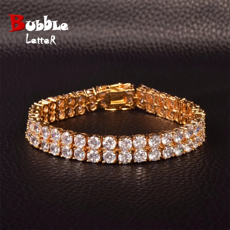 Bubble Letter Mens Zircon เทนนิสสร้อยข้อมือ Charm Hip Hop สไตล์แฟชั่นเครื่องประดับ Iced Finish 2 แถว