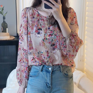 เสื้อเชิ้ตแขนยาวลําลอง คอกลม ผ้าชีฟอง พิมพ์ลายดอกไม้ ทรงหลวม เข้ากับทุกการแต่งกาย แฟชั่นฤดูร้อน สไตล์เรโทร สําหรับผู้หญิง