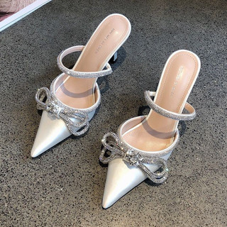 รองเท้าส้นสูง หัวแหลม ประดับโบว์ และพลอยเทียม แฟชั่นสําหรับส…