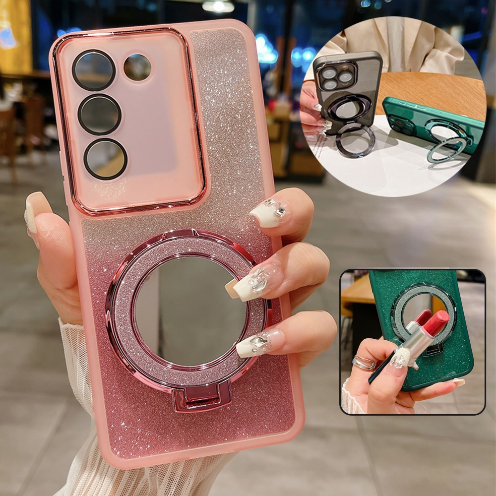 เคสโทรศัพท์มือถือแบบใส แต่งกลิตเตอร์ พร้อมแหวนขาตั้งแม่เหล็ก สําหรับ Vivo V30 5G V30 Pro V29E 5G V29
