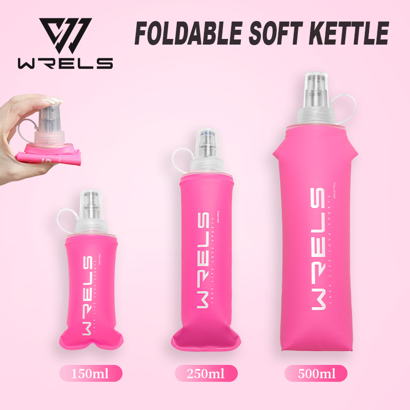 WRELS ขวดน้ำพับได้แบบพกพา 150 มล. 250 มล. 500 มล. สำหรับการวิ่ง วัสดุ TPU ปราศจาก BPA