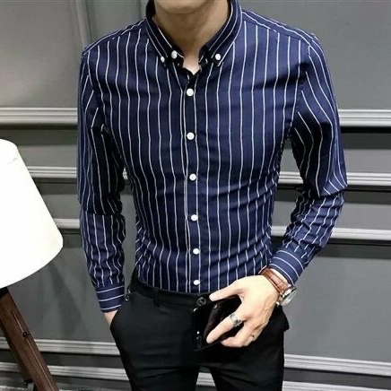 ใหม่ เสื้อเชิ้ตลําลอง แขนยาว คอปก ลายทาง ติดกระดุม สไตล์นักธุรกิจ เหมาะกับฤดูร้อน สําหรับผู้ชาย