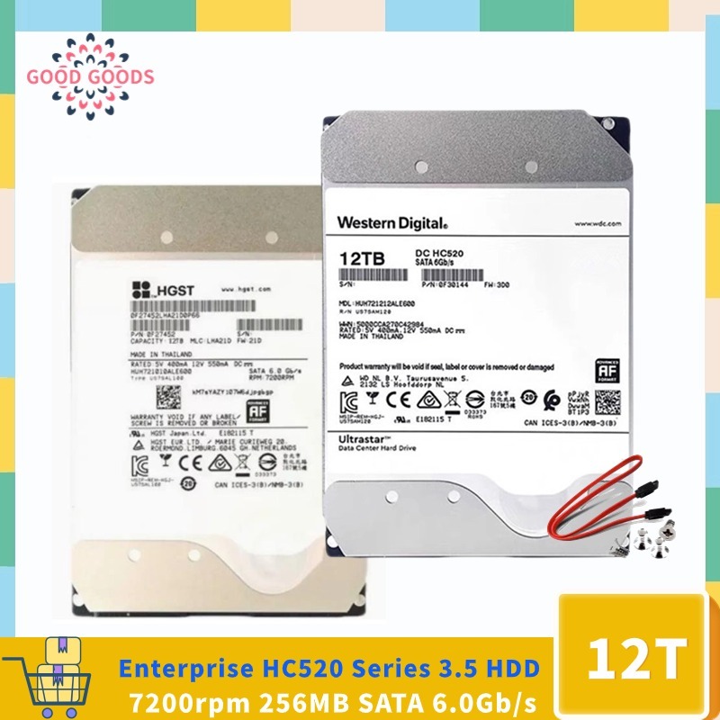 Hgst WD Ultrastar DC HC520(HUH721212Ale600/huh721212Ale601)7k2 ฮาร์ดไดรฟ์องค์กร 12TB 7200 RPM 512e SATA 6Gb/s 256MB แคช